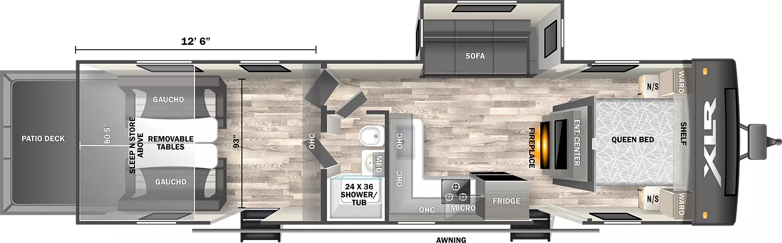 The 3212 Toy Hauler Travel Trailer features one off-door side slideout and two entries. Interior layout from front to back: queen bed with wardrobes and night stands on either side and shelf above; entry and entertainment center with fireplace below; off-door side slideout with sofa; door side kitchen with refrigerator, microwave, stove, overhead cabinets and sink; door side pass-through bathroom; rear garage separated by a door with entry steps, gaucho couches with removeable tables, sleep n store above, and rear ramp patio deck