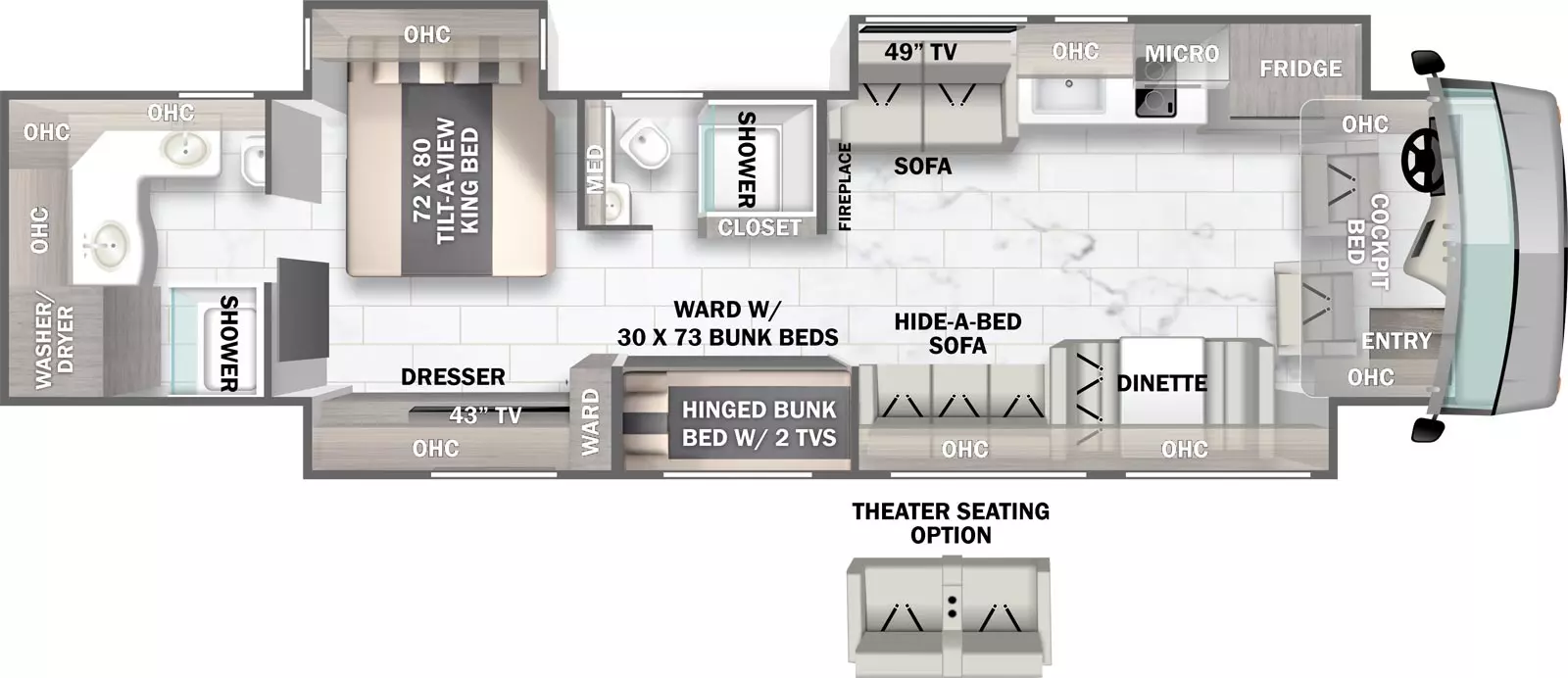 The 45CA has three slideout and one entry. Interior layout front to back: cockpit with entry, overhead cabinets, and cockpit bed; off-door side slideout with refrigerator, microwave over cooktop, kitchen counter with sink, overhead cabinet, sofa and TV; door side slideout with dinette, overhead cabients, hide-a-bed sofa, wardrobe with hinged bunks and two TVs, and bedroom wardrobe, dresser, overhead cabinet, and TV; off-door side fireplace along inner wall, closet, and full bathroom with medicine cabinet; off-door side slideout with tilt-a-view king bed and overhead cabinet; rear full bathroom with two sinks, overhead cabinets and linen closet. Optional theater seating available in place of hide-a-bed sofa.